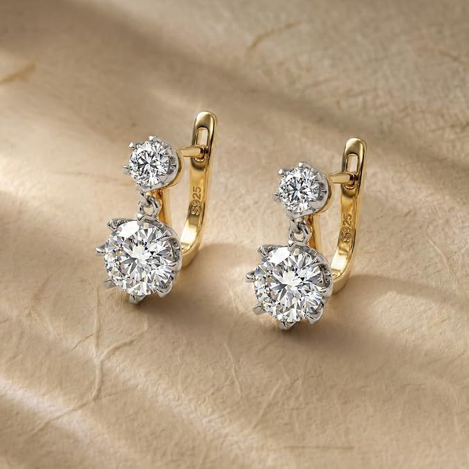 Moissanite Hoop Earrings for Women, Drop Dangle Earrings Brilliant Round Cut 2ct D Color VVS1 18K Gold Plated 925 Sterling Silver Hypoallergenic, Wedding Earrings Jewelry for Gifts