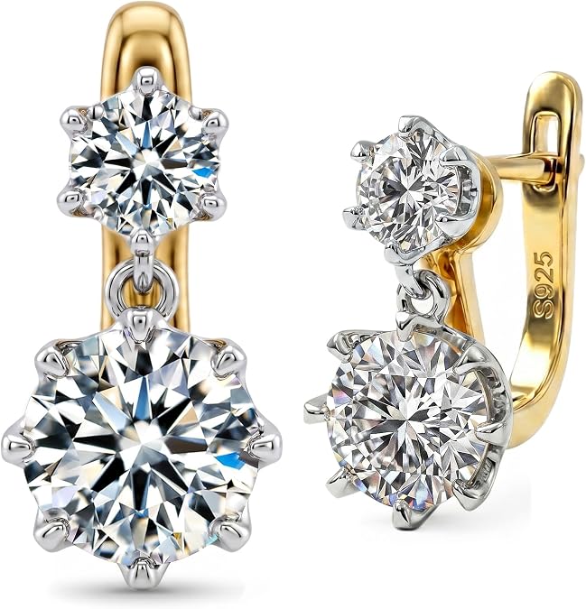Moissanite Hoop Earrings for Women, Drop Dangle Earrings Brilliant Round Cut 2ct D Color VVS1 18K Gold Plated 925 Sterling Silver Hypoallergenic, Wedding Earrings Jewelry for Gifts