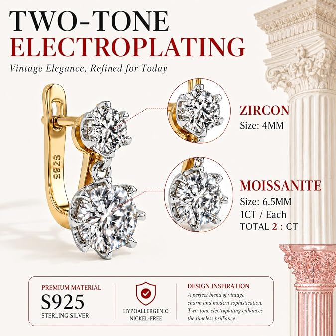 Moissanite Hoop Earrings for Women, Drop Dangle Earrings Brilliant Round Cut 2ct D Color VVS1 18K Gold Plated 925 Sterling Silver Hypoallergenic, Wedding Earrings Jewelry for Gifts