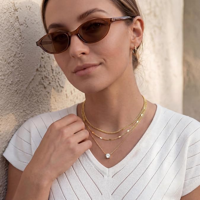 WomenGifts Layered Gold Necklaces for Women, 14K Gold Sterling Silver Plated Dainty Pendant Necklace Set Non Tarnish, Chunky Stackable Cuban Chain Choker, Trendy Birthstone Vacation Jewelry Gift