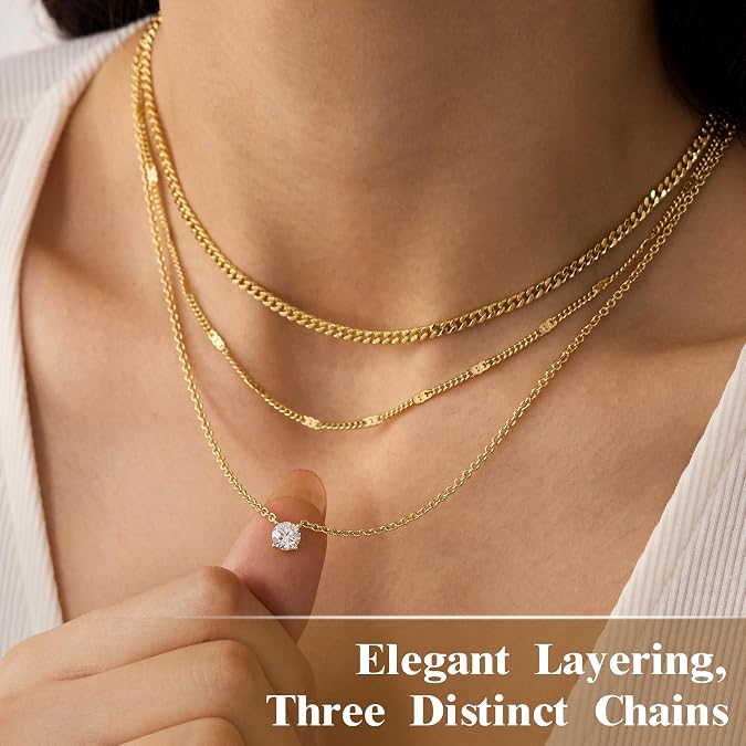 WomenGifts Layered Gold Necklaces for Women, 14K Gold Sterling Silver Plated Dainty Pendant Necklace Set Non Tarnish, Chunky Stackable Cuban Chain Choker, Trendy Birthstone Vacation Jewelry Gift